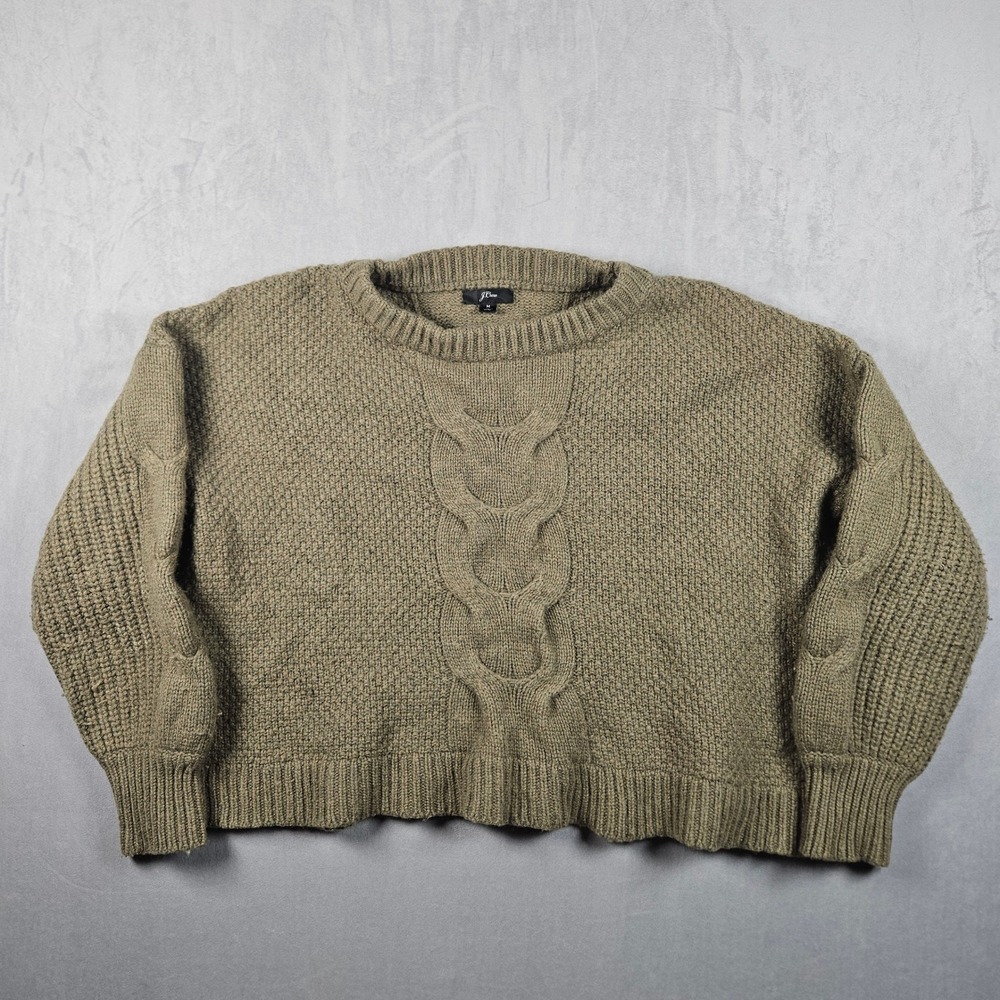 J.Crew Cable Knit Sweater Womens Medium Olive Green Wool Blend Boxy Pullover